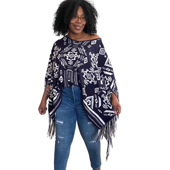 H&M Poncho Sweater Tribal Print Fringe Oversize Pullover - Picture 1 of 9
